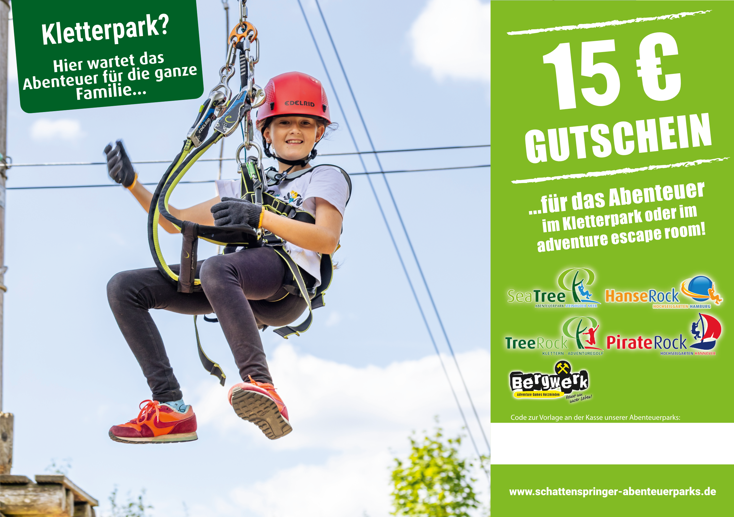 Geschenkgutschein 15€ mit Bild von einem Kind im Kletterpark